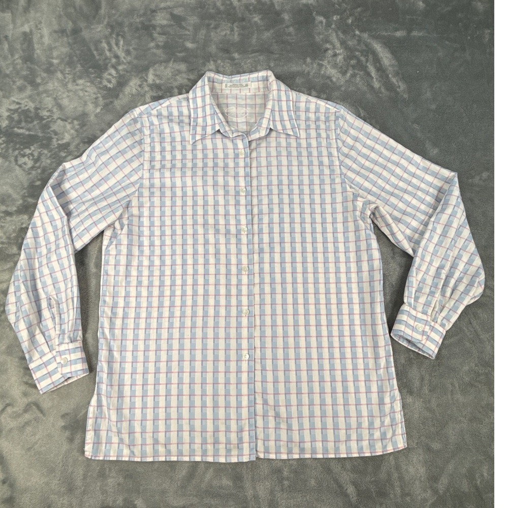 Foxcroft Womens Blue Pink Plaid Wrinkle Free Cotton Button Down Shirt Top Sz‎ 12